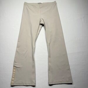 Elaine Kim Leather Trim Crop Pants Beige Pull On Stretch Wide Leg USA Women's